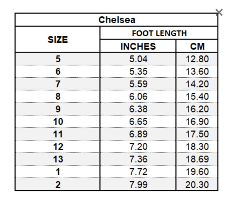 L'AMOUR - Chelsea - Size Chart