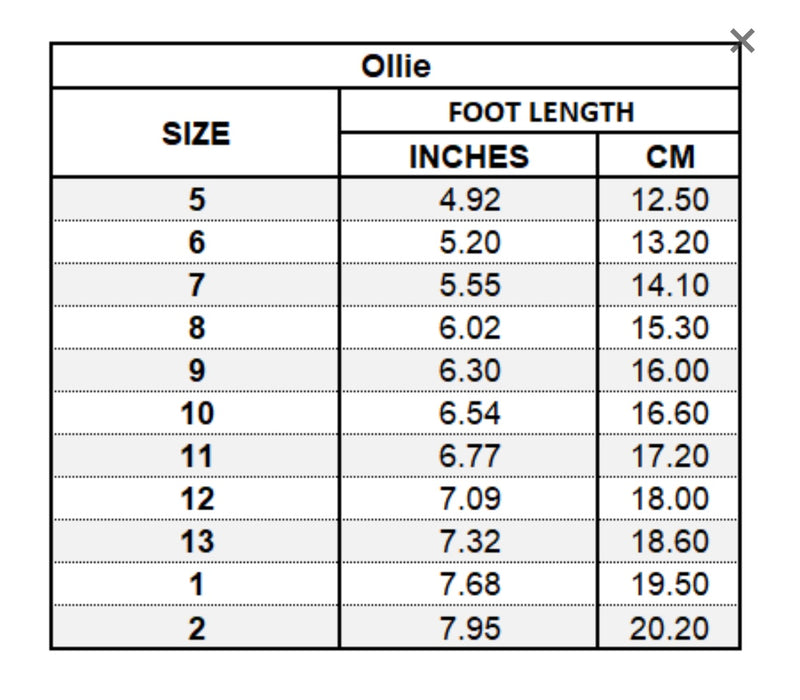 L'AMOUR - Ollie Size Chart