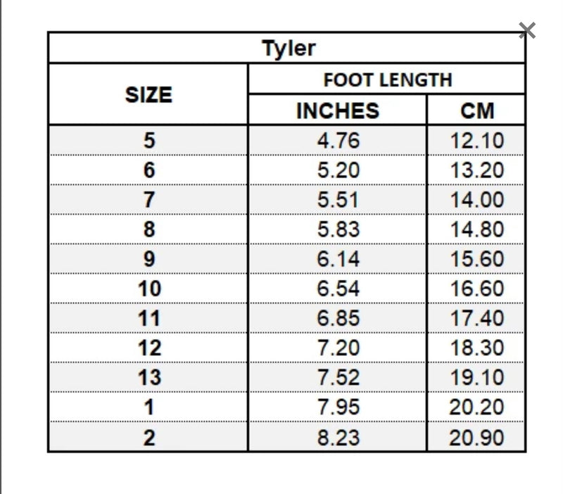 L'AMOUR Tyler Size Chart