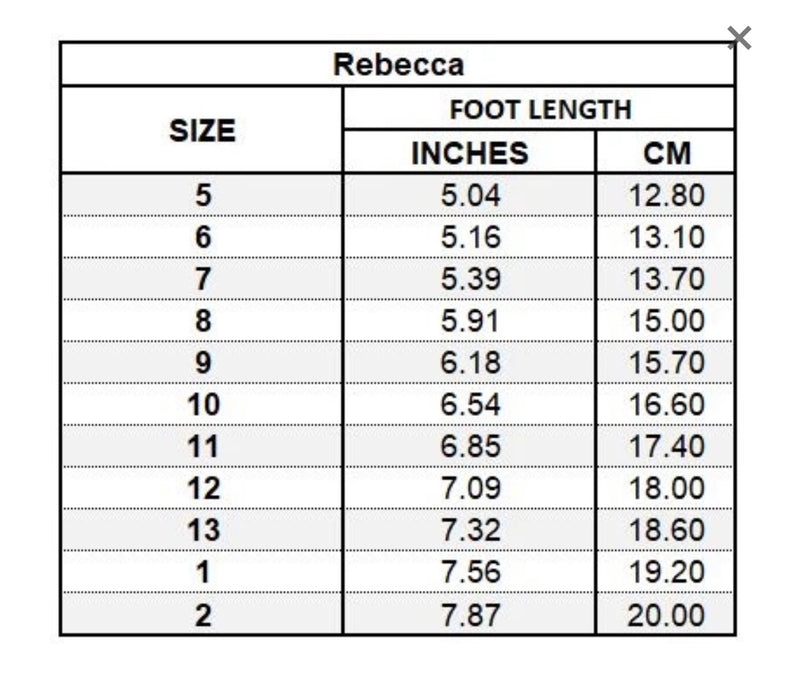 L'Amour - Rebecca - Size Chart