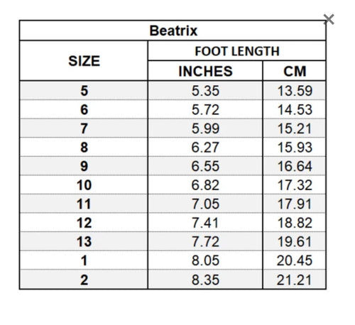 L'AMOUR - Beatrix Size Chart